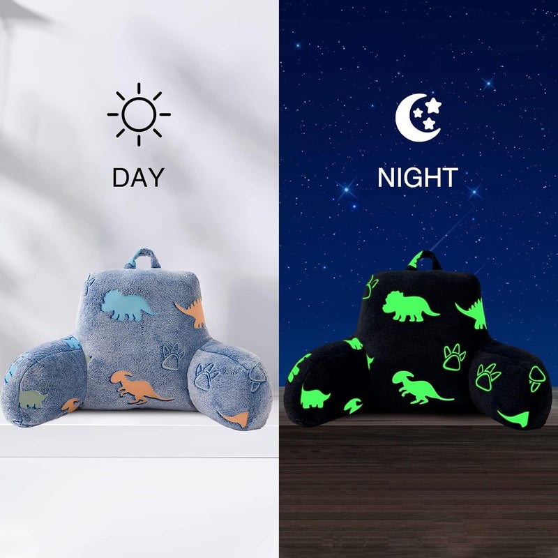 Aimuan Reading Pillow Glow in The Dark Bed Rest Wedge kids Glow Backrest Pillow Dinosaur Print with Arms Back Support for Sitting Up in Bed Cushion, Orange-blue - Image 3